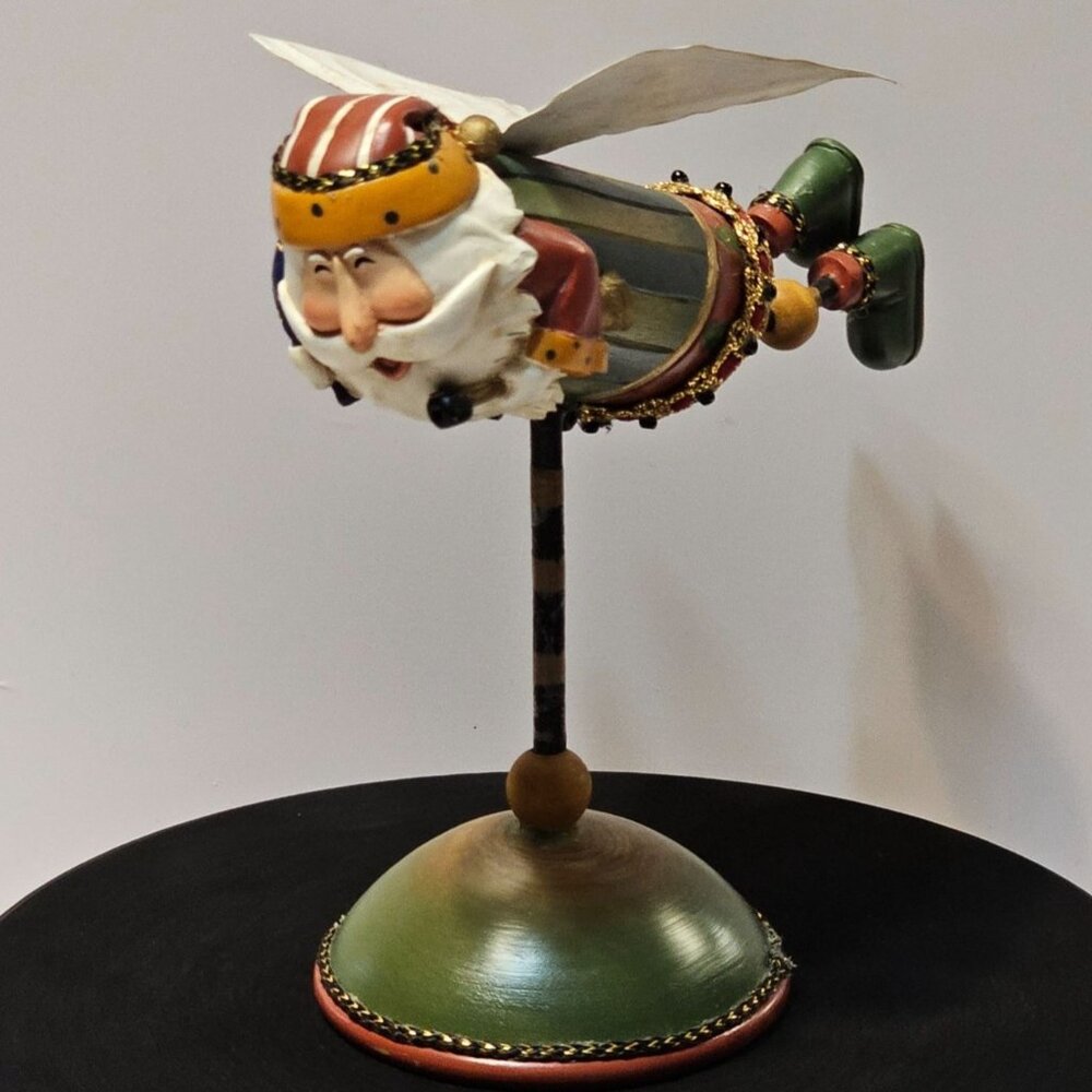 Flying Santa Figurine With Wings On Stand - Striped Suit Green Boots & Gold Acc